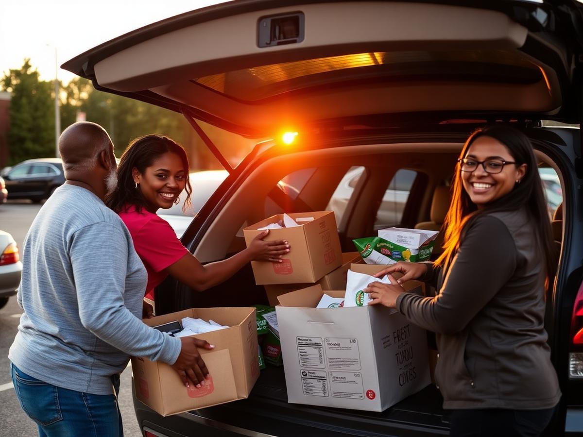 Volunteers loading grocery boxes into a family's car at a drive-through distribution