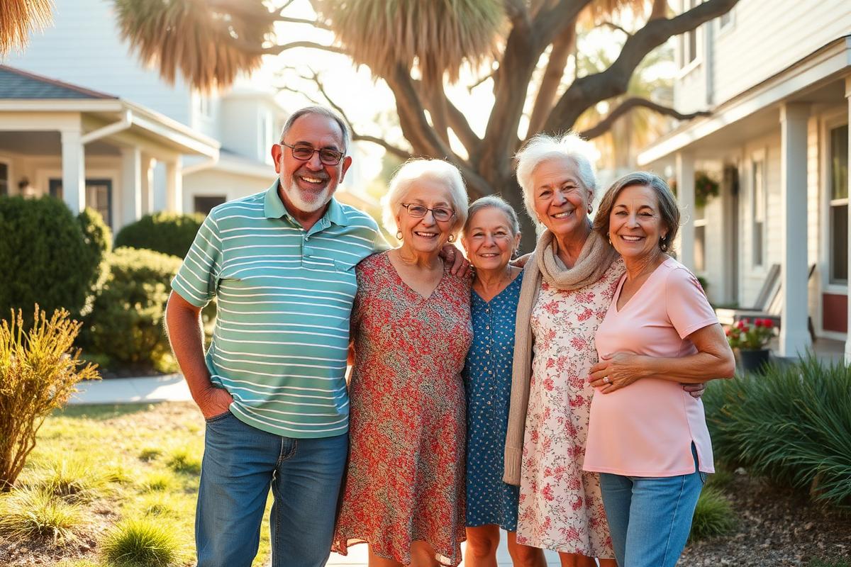 A multigenerational family smiling together in their neighborhood