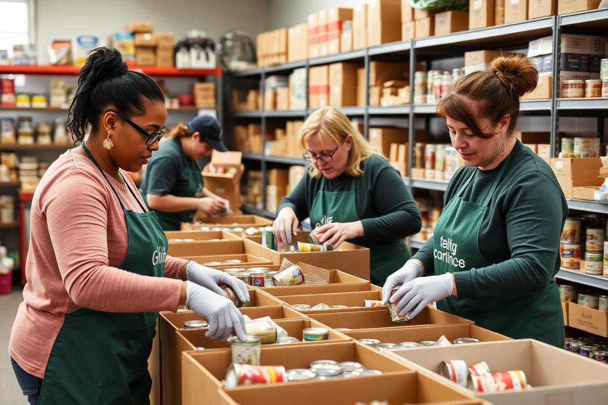Volunteers sorting canned goods into boxes at the food pantry