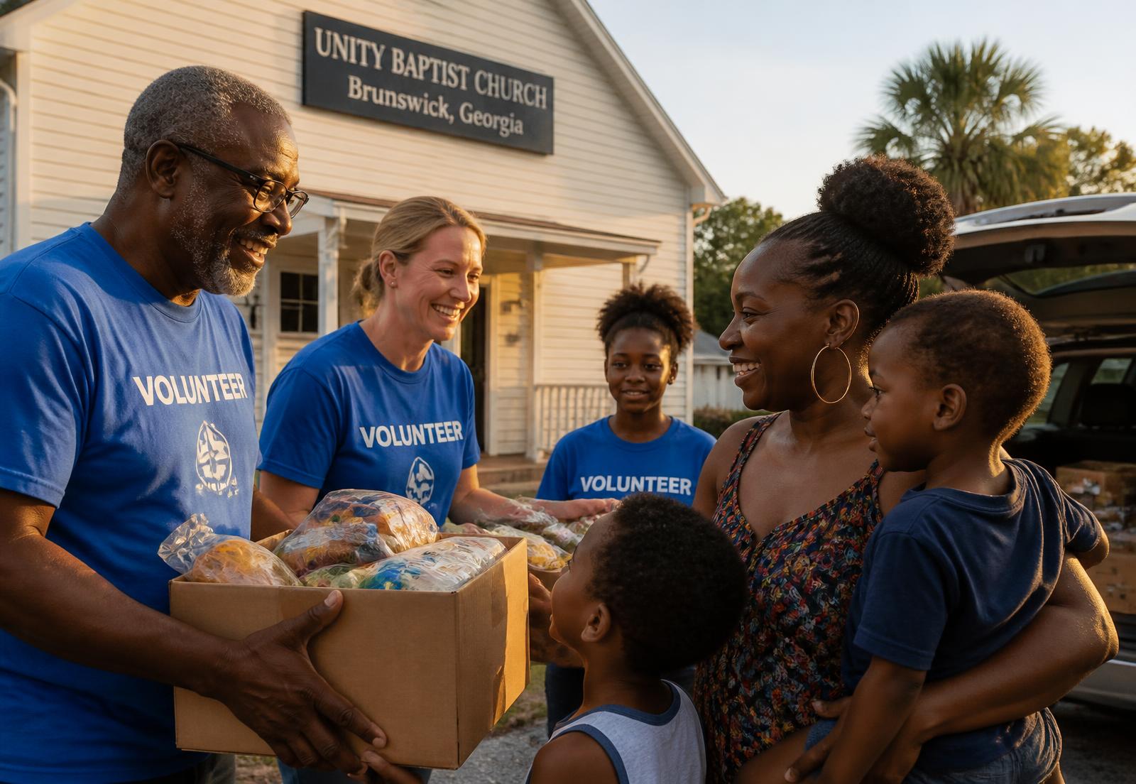 Volunteers handing a box of groceries to a family outside a church