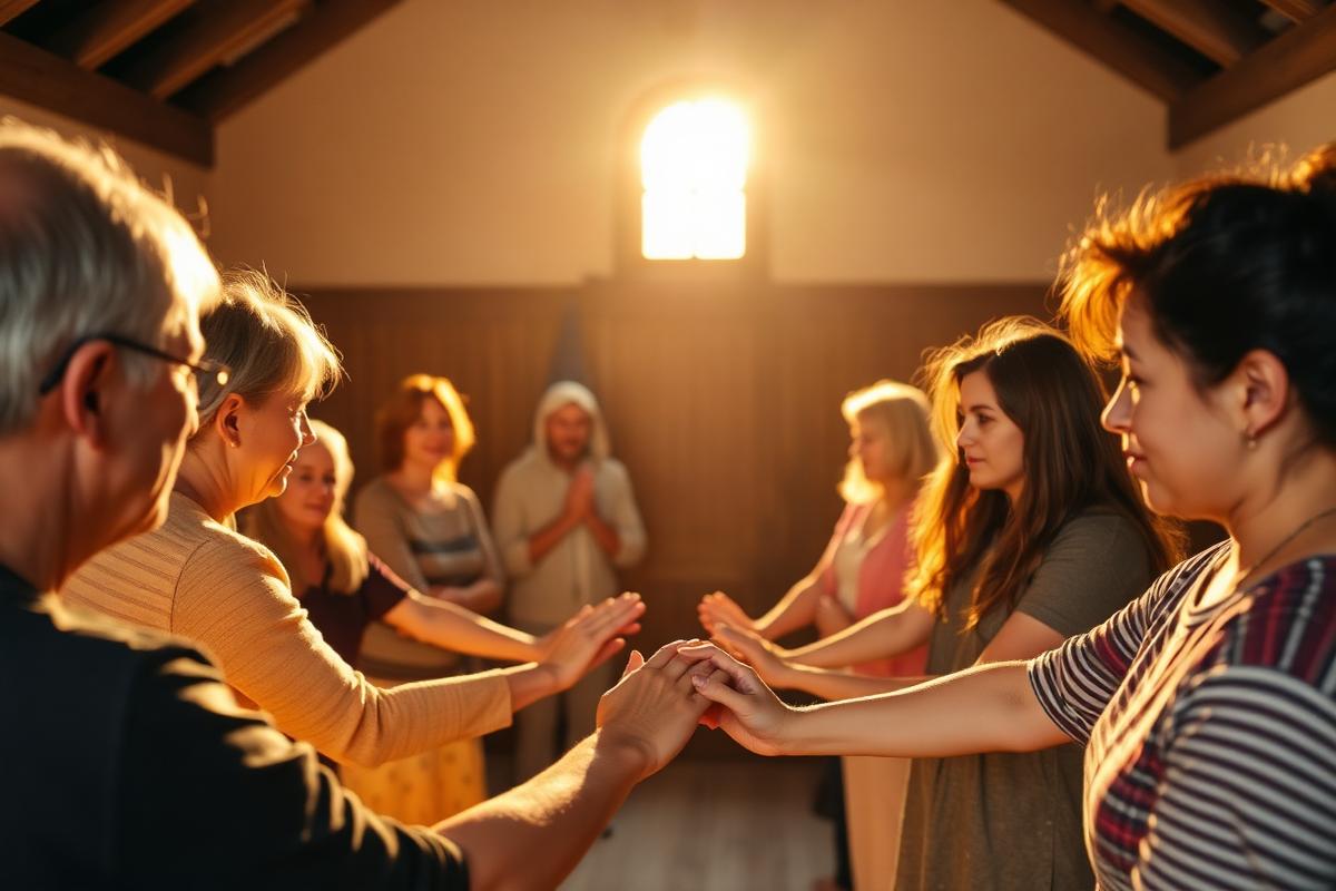 Community members holding hands in a prayer circle