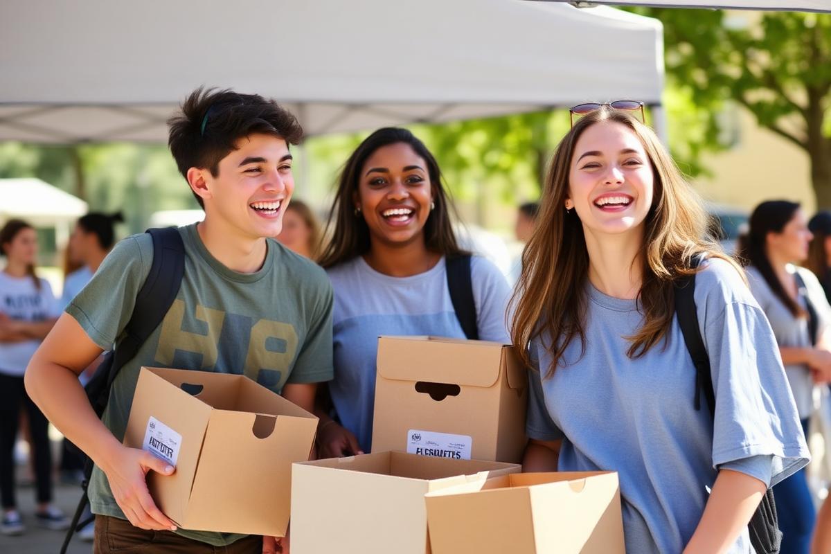 Youth volunteers carrying donation boxes at an outreach event